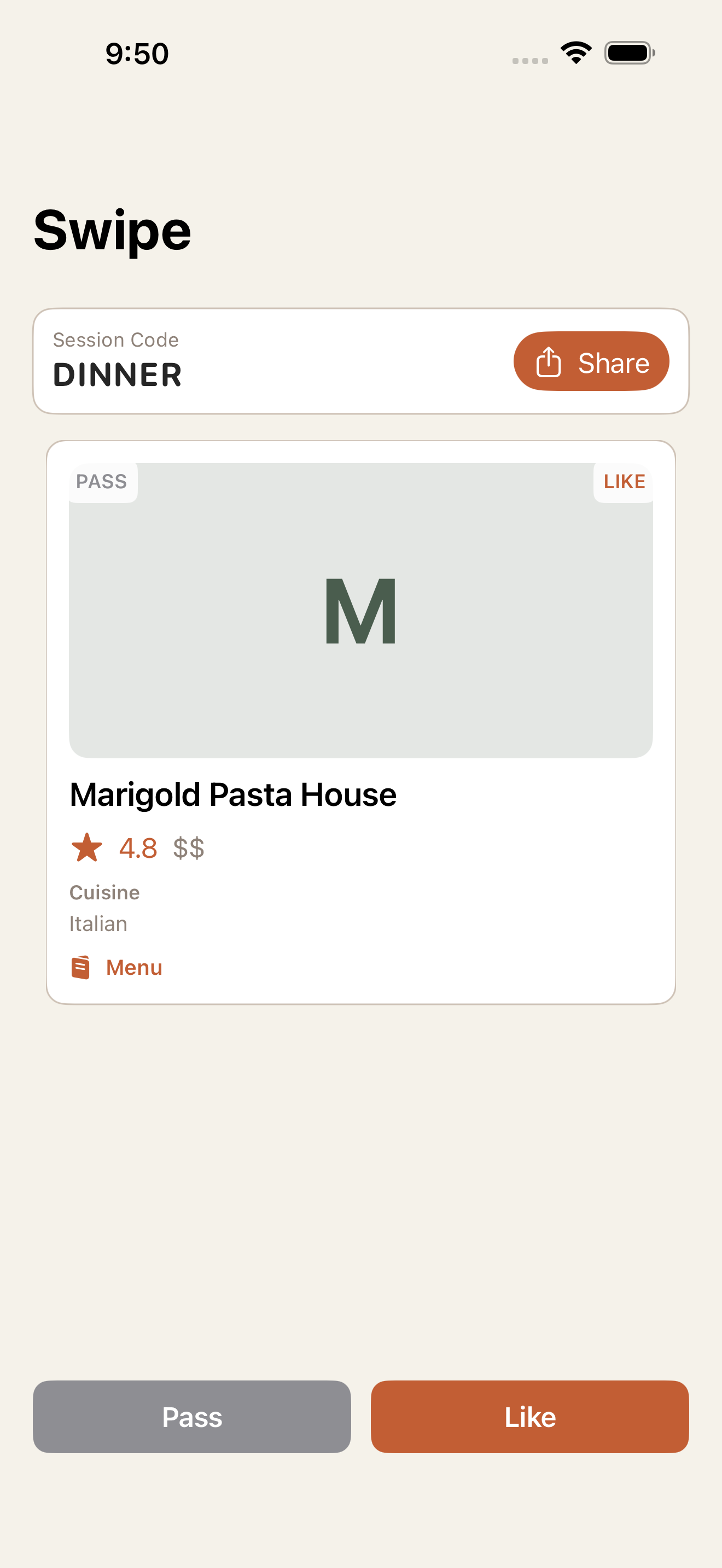 Swipe to vote on restaurants