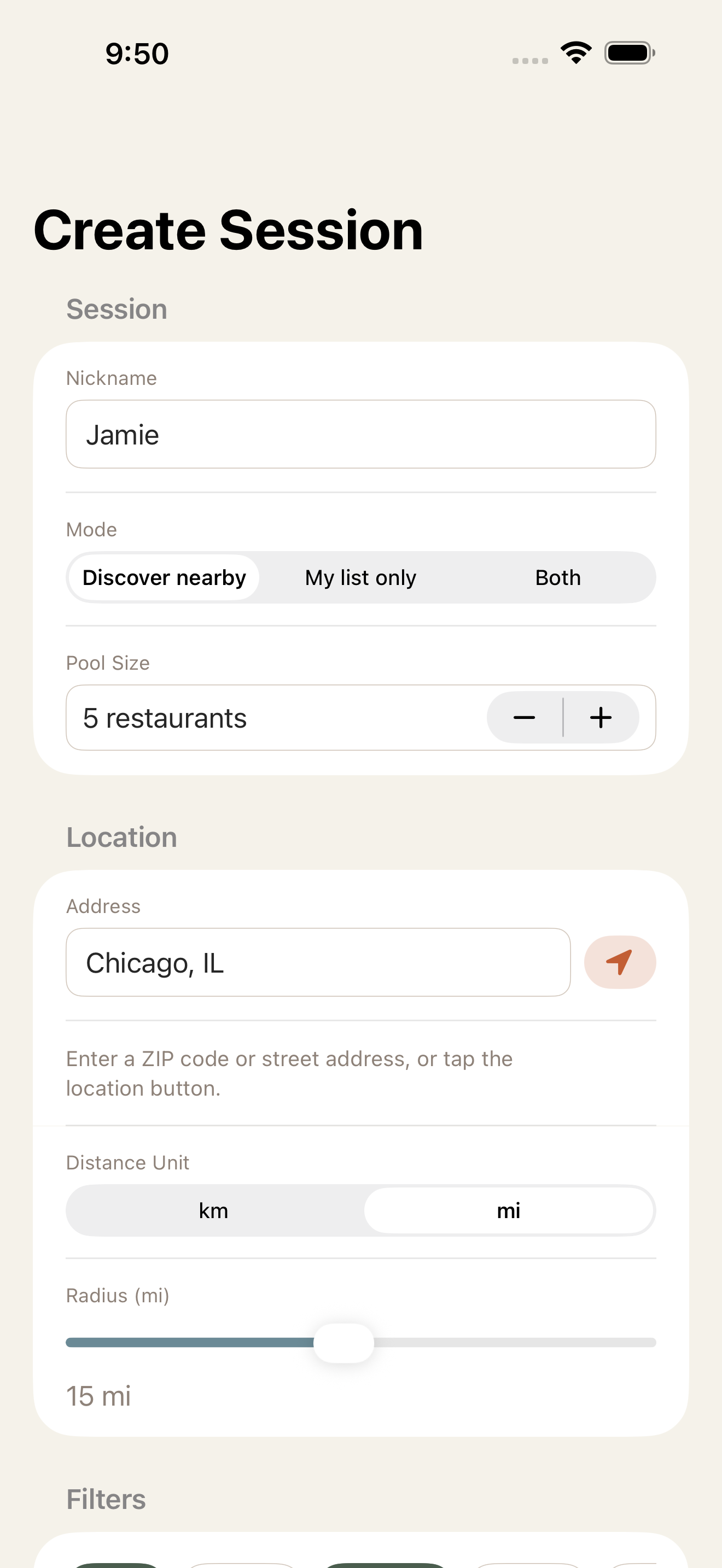 Create a session with filters